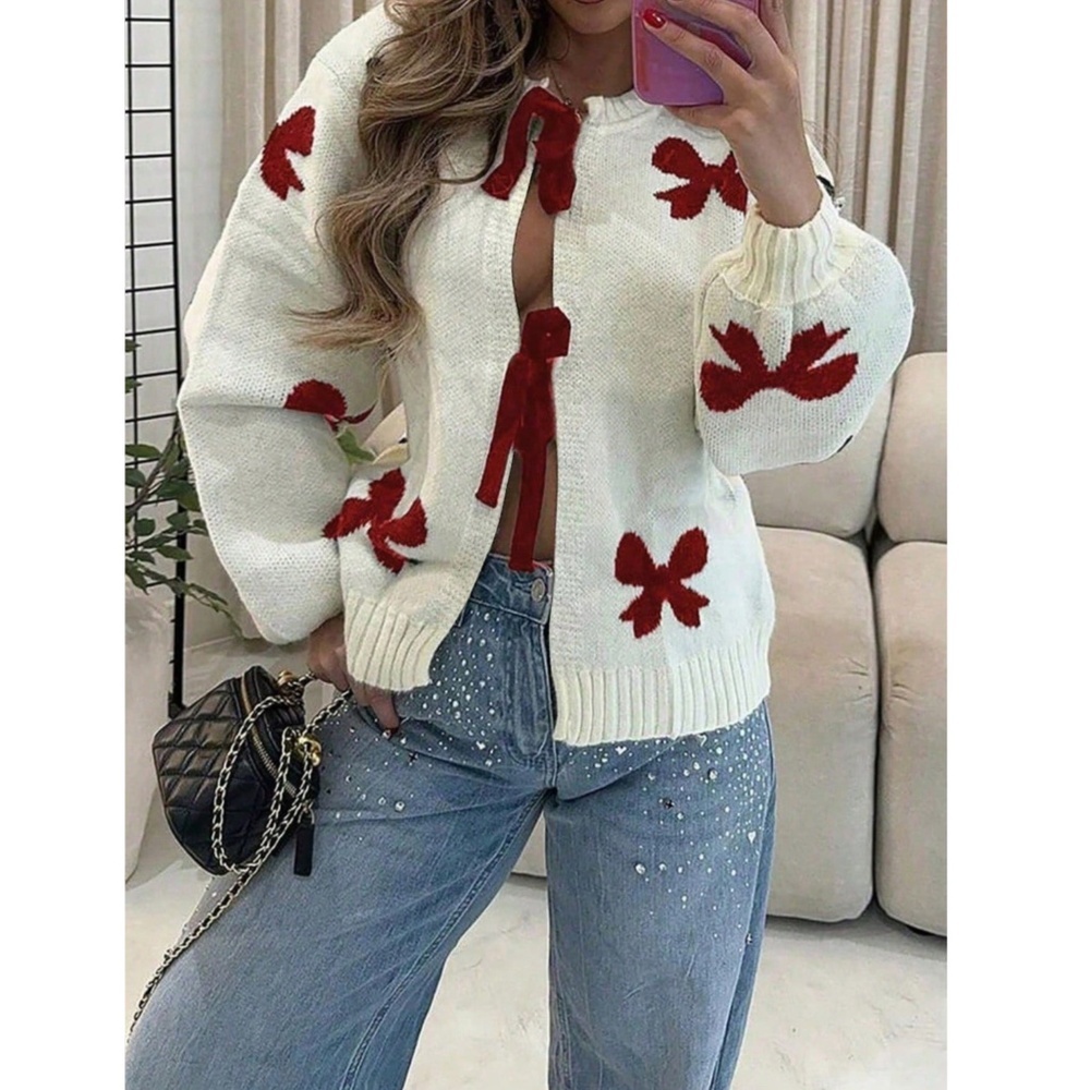 Off White Cardigan With Burgundy Front Ties and Bow Print Pattern Oversized - Picture 3 of 11